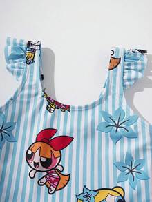 THE POWERPUFF GIRLS X SHEIN 女童條紋卡通印花連身泳衣，適合海邊度假、泳池派對、海灘派對 - 藍色 - 查看 3