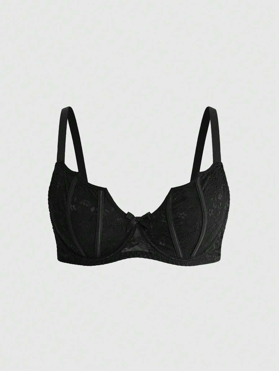 ROMWE Goth Sujetador sin aros y bralette de encaje floral de talla grande con estilo gótico - Negro - Ver 1