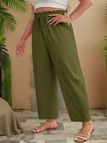 Travachic Plus Size Women's Solid Color Ruffle Waist Tie Casual Tapered Pants Fall - Green - View 3