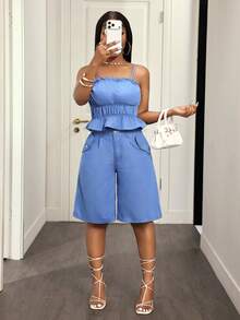 Slaydiva Women's Summer Casual Spaghetti Strap Shorts Denim Set - Blue - View 4