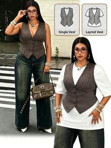 Maweii Plus Size Dark Green Striped Suit Vest Teachers' Day Office Formal Summer Business Casual Elegant - Dark Grey - View 1