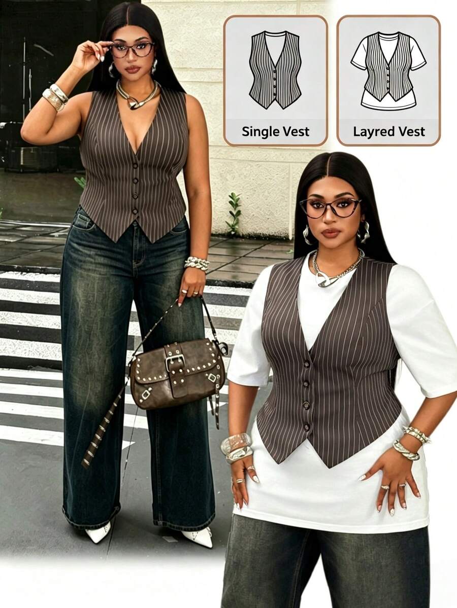 Maweii Plus Size Dark Green Striped Suit Vest Teachers' Day Office Formal Summer Business Casual Elegant - Dark Grey - View 1