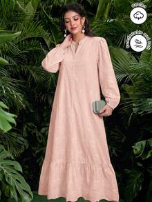 SHEIN Najma 女款阿拉伯風洋裝，假領設計，鈕扣裝飾，刺繡布料，燈籠長袖與喇叭裙擺 - 粉色 - 查看 4