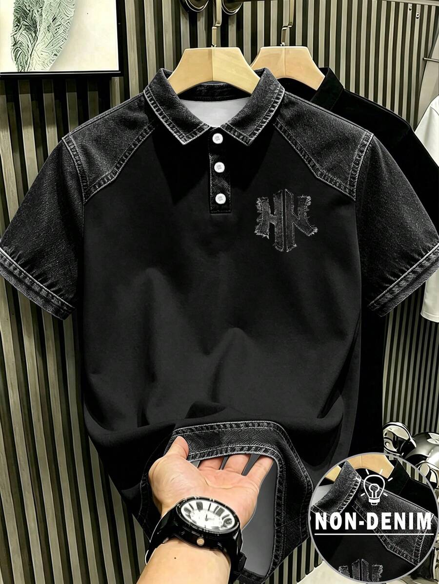Manfinity Hypemode 美式復古做舊丹寧風拼色 NY 字母印花 Polo 衫,成熟休閒上衣,男女款圖案 T 恤,適合日常通勤與夏季休閒穿著 - 彩色 - 查看 1