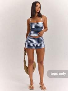 SHEIN BAE 女款夏季黃灰色條紋休閒細肩帶背心上衣，適合日常穿著、夏季度假，百搭時尚背心上衣，夏季背心，條紋背心 - 藏蓝色 - 查看 9