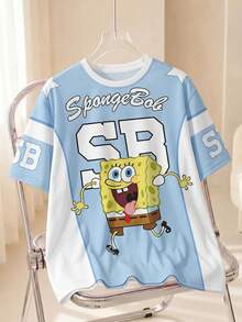 SpongeBob SquarePants | SHEIN 加大码男士极简印花圆领短袖T恤 - 白色 - 查看 1