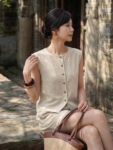 Yumoku Casual Women's Summer Linen Shorts 2 Pieces Set Vacation Beige - Apricot - View 4