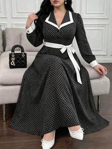 Vibekara Frühling/Herbst elegantes modisches minimalistisches Date-Pendler-Stil Langarmkleid, Reverskragenkleid mit Seitenfalten, rotes Langarmkleid, Schleife, Urlaub, Sommer Damen Outfit, Frühling/Herbst japanisches süßes niedliches schwarz-weißes Polka-Dot-Kleid, neues zierliches College-Stil verjüngendes schlankmachendes elegantes professionelles Date-Langkleid, Sommer neues französisches lockeres Kleid - Schwarz und Weiss - Übersicht 7