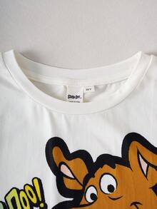 SCOOBY-DOO X SHEIN Tween Boy Letter Cartoon Print Short Sleeve Top And Shorts Casual Daily Home Sleepwear Set - Grey - View 7
