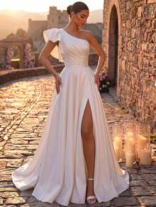 Glamrae Elegant White Glossy Satin Minimalist Asymmetric Shoulder Ruffle Sleeve Fitted Ruched Bodice High Waist Oversized A-Line Skirt With Train Side Slit - White - View 6