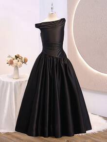 Wedding Season Girls' Premium Satin Asymmetrical Shoulder Asymmetrical Patchwork Hem Short Sleeve Long Dress For Prom, Performance, Birthday Party, Banquet, All Seasons - Black - View 6