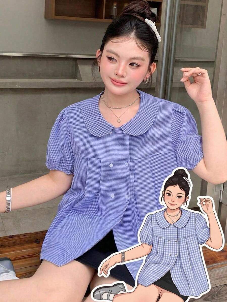 Dazy Plus Plaid Peter Collar Casual Korean Style Academy Short Sleeve Plus Size Women's Spring Summer Blue Shirt - Blue - View 1