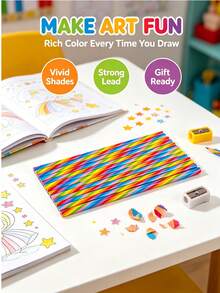 6/12/24/48pcs 7-In-1 Rainbow Striped Pencils, Multi-Color Single Core Poplar Wood Creative Drawing Pencils For Kids Sketching - multicolor - View 2