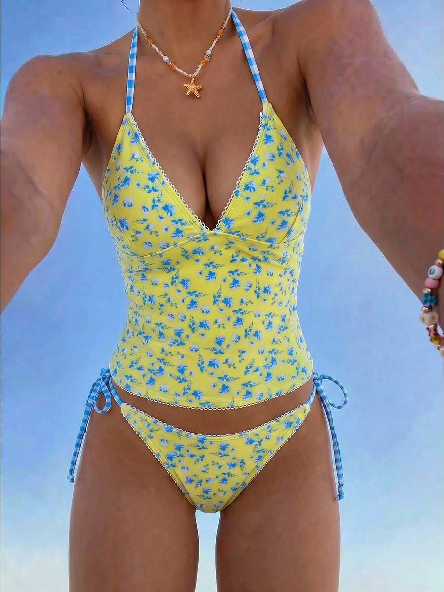 Swim Mod 夏季甜美可愛熱帶櫻桃格紋比基尼背心套裝 海灘度假奶油黃 - 藍色 - 查看 1
