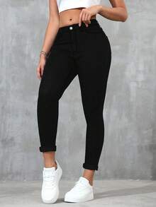 SHEIN ICON 夏季女款大尺碼藍色經典時尚修身長牛仔褲 - 黑色 - 查看 3