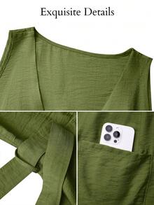 SOLERSUN Elegant And Casual V-Neck, Fitted Waist, Belted Short Dress For Women, Suitable For Everyday Commuting And Casual Wear, Beach Vacations, Mother's Day Short Dress, Yellow Dress. - Army Green - View 8