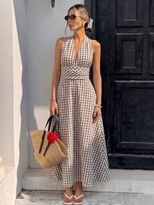 SHEIN PariChic 女款長洋裝、女款格紋洋裝、棕色洋裝、優雅女款洋裝、夏季女款洋裝 - 棕色 - 查看 1
