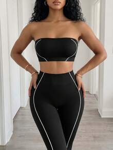BamGleam Sleeveless Black Micro Crop Strapless Set For Active Lifestyle Strapless Two Piece Set Two Piece Legging Set Workout Set Two Piece Gym Two Sports - Black - View 4
