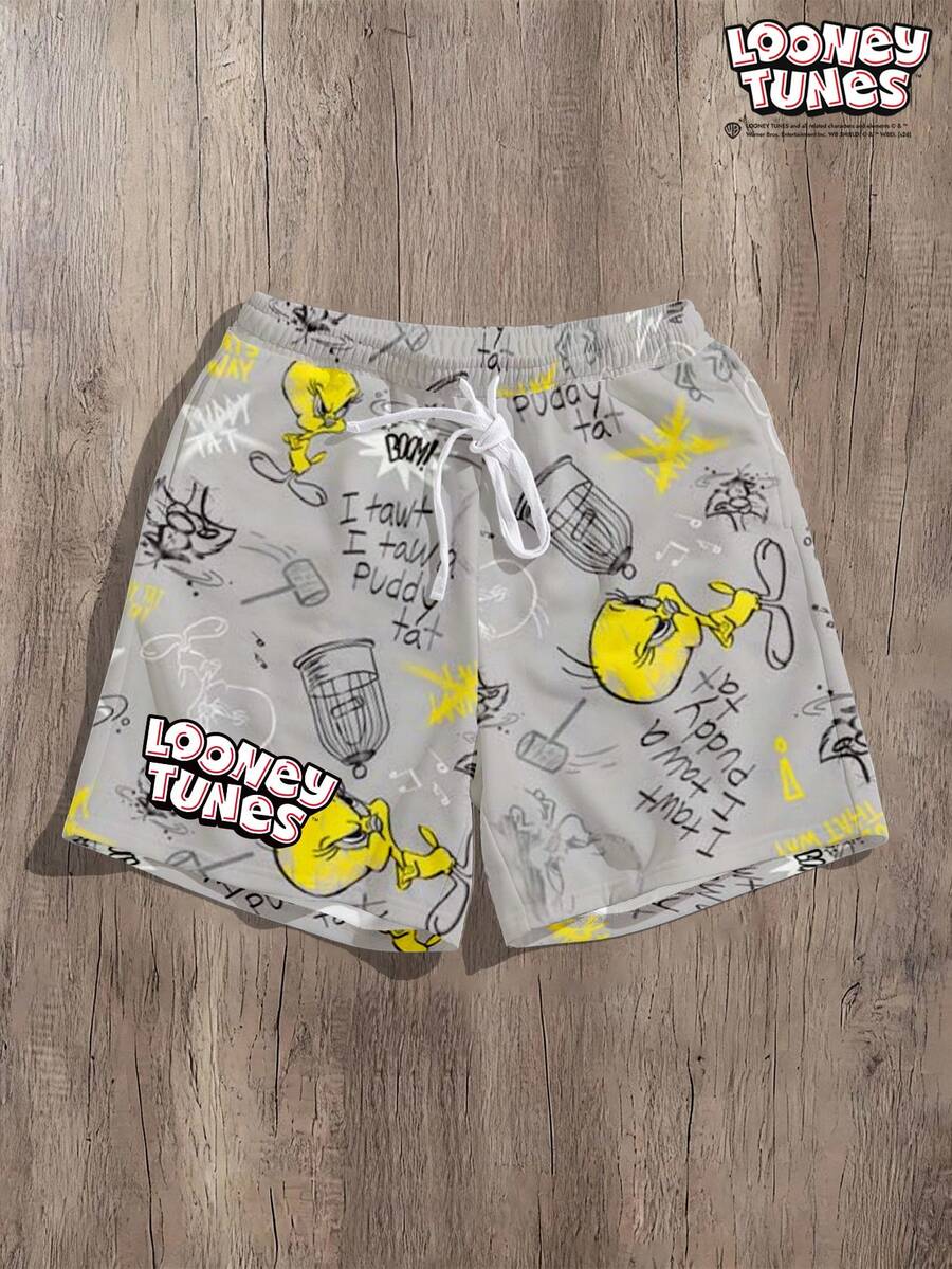 LOONEY TUNES X SHEIN Manfinity Joysei 男士寬鬆抽繩腰字母印花休閒短褲 - 灰色 - 查看 1