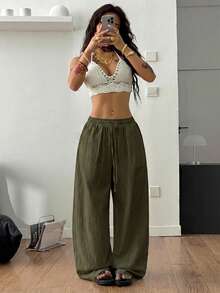 SHEIN Tall CURVE 大尺碼女款純色抽繩腰寬腿寬鬆休閒長褲，傳統優雅商務度假風，橄欖綠，秋季正式款 - 軍綠色 - 查看 5