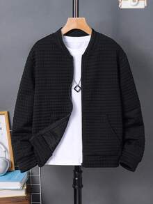 SHEIN 兒童青少年男孩休閒百搭紋理小格紋黑色棒球夾克外套，適合通勤、上學、日常休閒外出、運動，適合秋冬穿著 - 黑色 - 查看 4