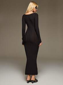 BAD SUNDAY Women's Autumn Black Silver Knit Mid-Length Dress With Deep U-Neck And Flare Sleeves, Y2K Sexy Millennium Style, Versatile For Night Out Club - Black - View 2
