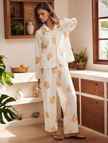 Rosleepa Women's Fruit Print Long Sleeve Single-Breasted Top And Pants Pajama Set - White - View 3