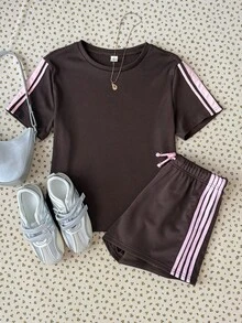 SHEIN 青少年女孩時尚休閒圓領短袖短褲套裝 - 黑色 - 查看 5