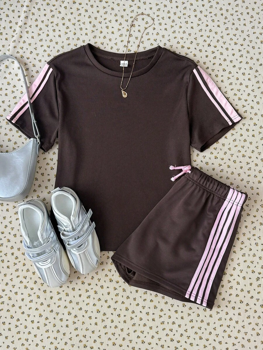 SHEIN 青少年女孩時尚休閒圓領短袖短褲套裝 - 黑色 - 查看 1