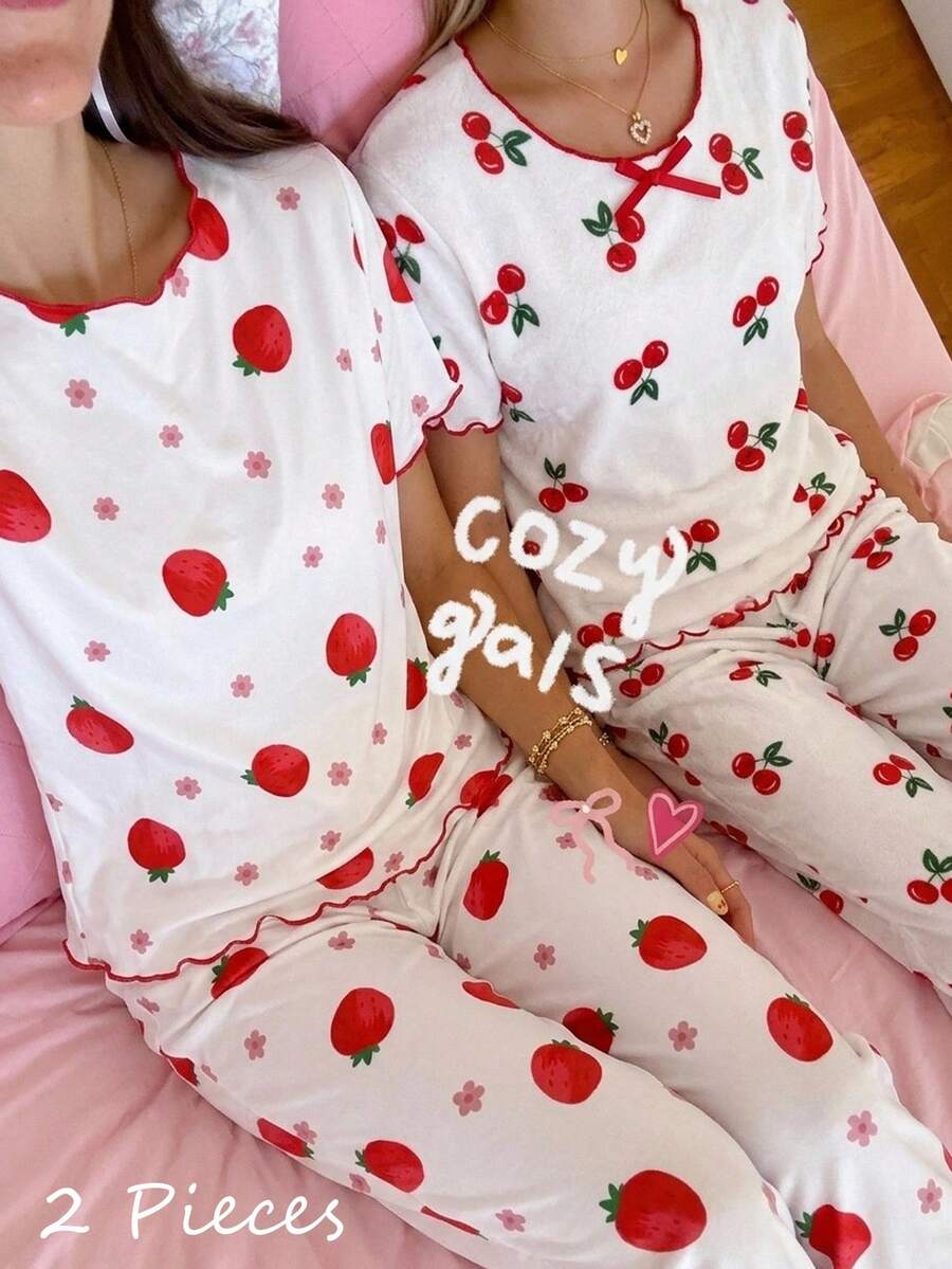 Genkimix Kids Tween Girls Pajamas Summer Sweet Red Strawberry Print Knit Round Neck Contrast Color Frill Trim 2 Pieces Set Loungewear Sleepwear - Multicolor - View 1