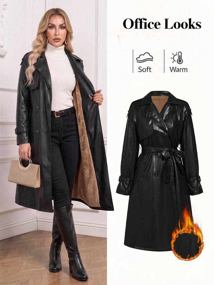 Ellevyn アンゴラレッド PUレザー ロングトレンチコート | SHEIN JAPAN