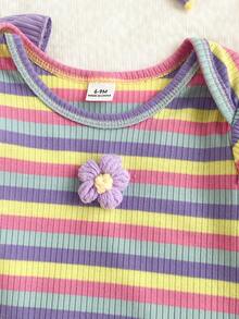 2pcs Baby Girls Fall Winter Pink Purple Colorful Ribbed Ribbed Long Sleeve Romper & Matching Bow Headband Set - Purple - View 8