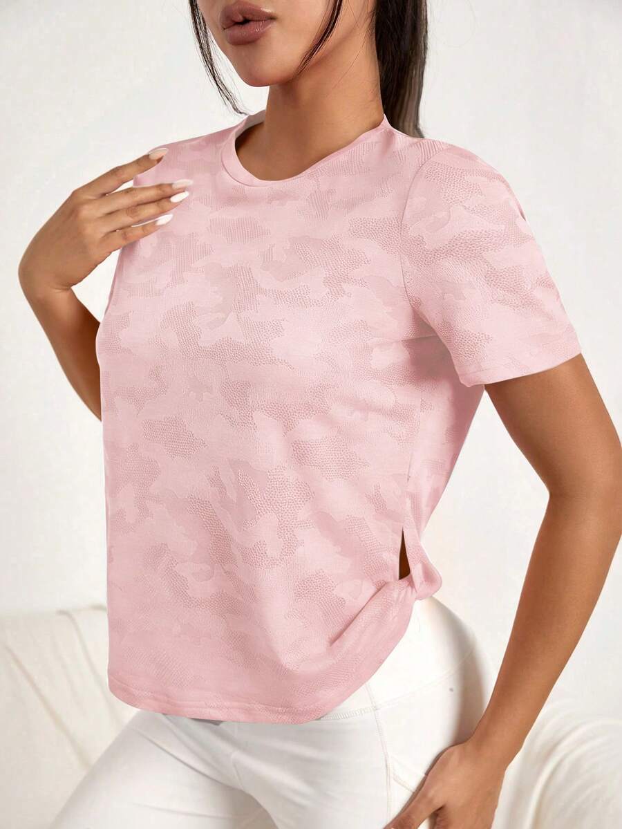 SHEIN Sports 女款迷彩印花短袖休閒健身運動T恤 - 粉色 - 查看 1