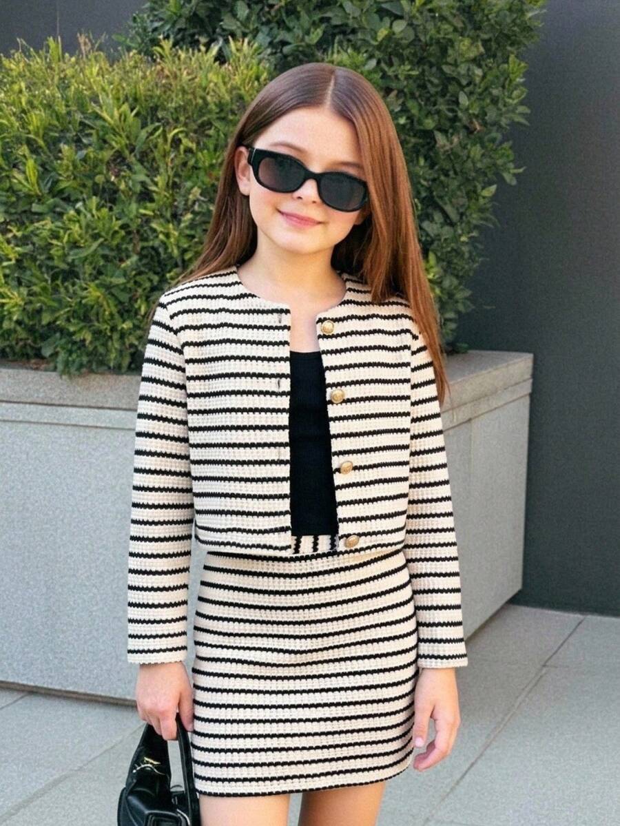 兒童大童女孩 2 件式休閒優雅通勤上學套裝 紋理針織條紋金屬鈕扣前開長袖開襟衫與裙子套裝 杏色 秋冬女童套裝 - 杏色 - 查看 1