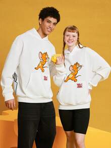 TOM & JERRY X SHEIN هوديي مطبوع بطبعة كرتونية قطعة واحدة، ملابس علوية بأكمام طويلة يناسب الجنسين - أبيض - مشاهدة 2