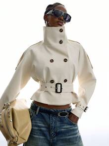 LYSMO Women's Solid Color Raglan Sleeve Double-Breasted Casual Trench Coat Jacket Office Wear For Women Going Out Outfits - White - View 1