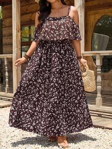 SHEIN LUNE Plus Size Vacation Casual Ditsy Floral Off-Shoulder Spaghetti Strap Dress Beach Vacation White - Multicolor - View 5