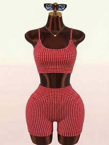 Sovereign Charm 1pc Women's Red Plaid Knit Seamless Comfortable Elastic High Waist Butt Lifting Shorts, New Hot-Selling Style For Spring Summer Autumn Winter - Red - View 2