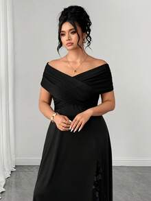 Elenzga Plus Size Women's Spring And Autumn Cross-Collar Elastic Tight Frame Fabric With Hollow Mesh Three-Dimensional Flowers, Full Of Luxury, Must-Have Item For Parties, Elegant Style, Party Shape, Long Sleeveless Elegant Dress - Black - View 5