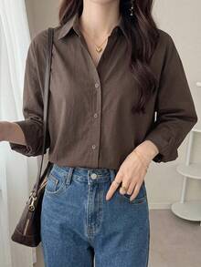 DAZY Camisa oversize con botones y hombros caídos, manga larga, ropa de otoño - Marrón Chocolate - Ver 8