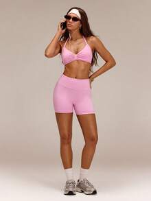 GLOWMODE Ultrafine Soft Seamless Work It Out Thin Strap Halter Top With Open Back Design & Removable Cups Training Workout Gym Fitness Summer Wear - Sugar Pink - View 7