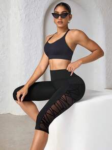 Easithlete Easithlete 卡普里网眼拼接口袋瑜伽运动紧身裤 - 黑色 - 查看 6