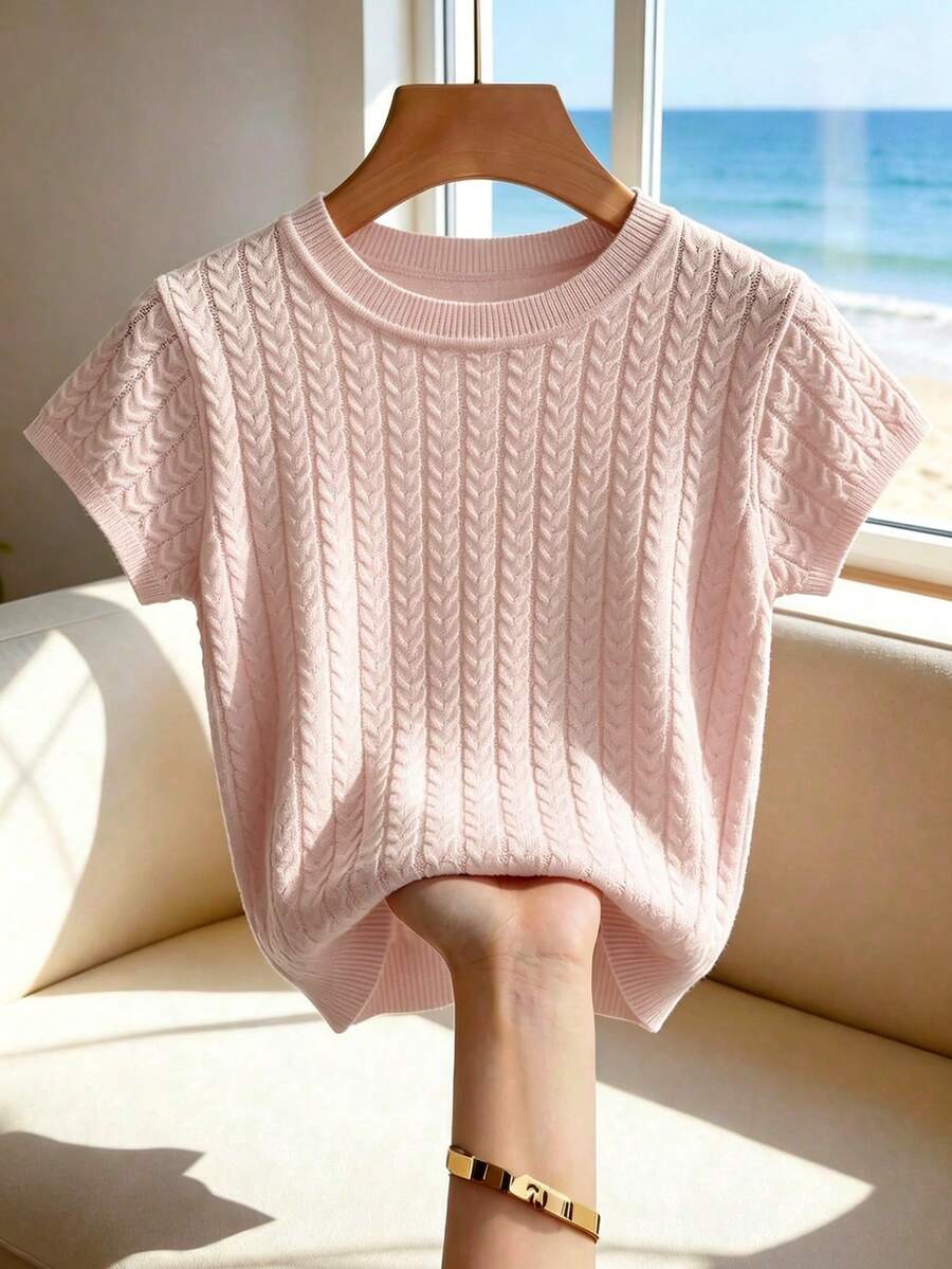 SHEIN Franclia 女款紋理時尚圓領短袖針織上衣,度假穿搭 - 淺粉色 - 查看 1