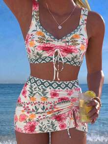 EMERY ROSE Spring/Summer New Floral Bohemian Style Floral Print Two Pieces Bikini Set For Vacation - Multicolor - View 3