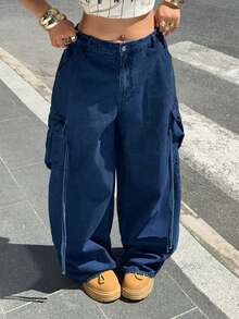 Rivivi 大尺碼女款時尚休閒正式多口袋工裝牛仔褲 開學畢業季 海軍藍 夏季 - 深色水洗藍 - 查看 6