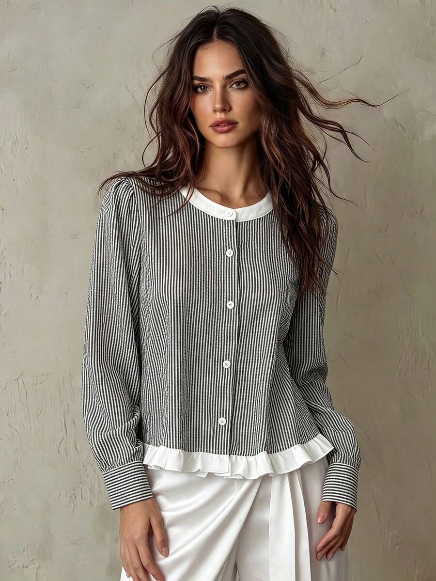 Franclia Striped Color Block Casual Commuter Minimalist Style Women Top - Black and White - View 1