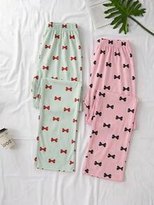 SHEIN Cotton Line 女款蝴蝶結印花多件組淺綠色粉色高腰舒適睡褲 2 件組居家休閒秋季可愛日系風 - 彩色 - 查看 2