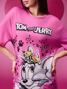 TOM & JERRY X SHEIN 女圆领宽松粉色卡通图案潮流酷炫日常休闲可爱短款T恤连衣裙情人节春夏 - 粉色 - 查看 5