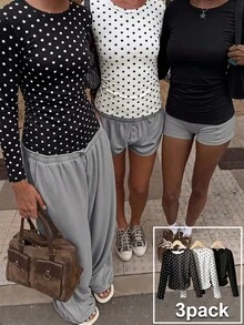 3件組女童長袖修身波點圖案黑白圓領T恤，休閒日常穿著，四季皆宜，校園開學秋季針織開襟衫 - 彩色 - 查看 3
