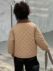 Dazy Kids Young Boy Letter Pattern Colorblock Zip-Up Casual Winter Travel Padded Coat - Khaki - View 5